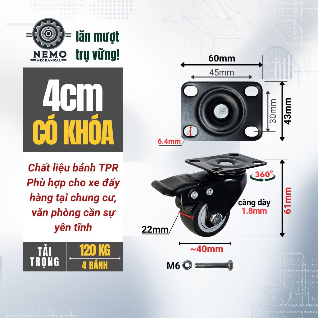 Bánh Xe TPR Chống Ồn Tải Cao – Càng Thép Sơn Tĩnh Điện Đen (D40, D50)
